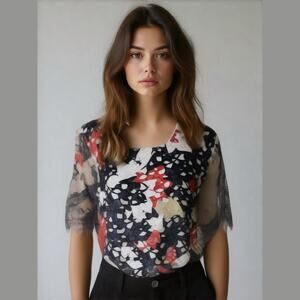 CHRISTOPHER & BANKS Red White Blue Tan Lace Overlay 3/4 Sleeve Top M